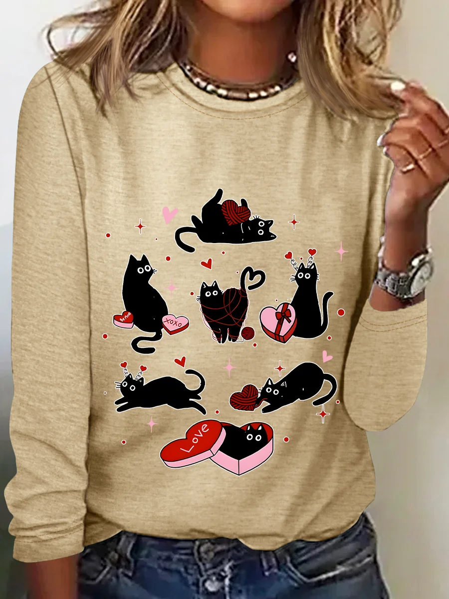 Black Cat Valentine’S Day Casual Long Sleeve Shirt