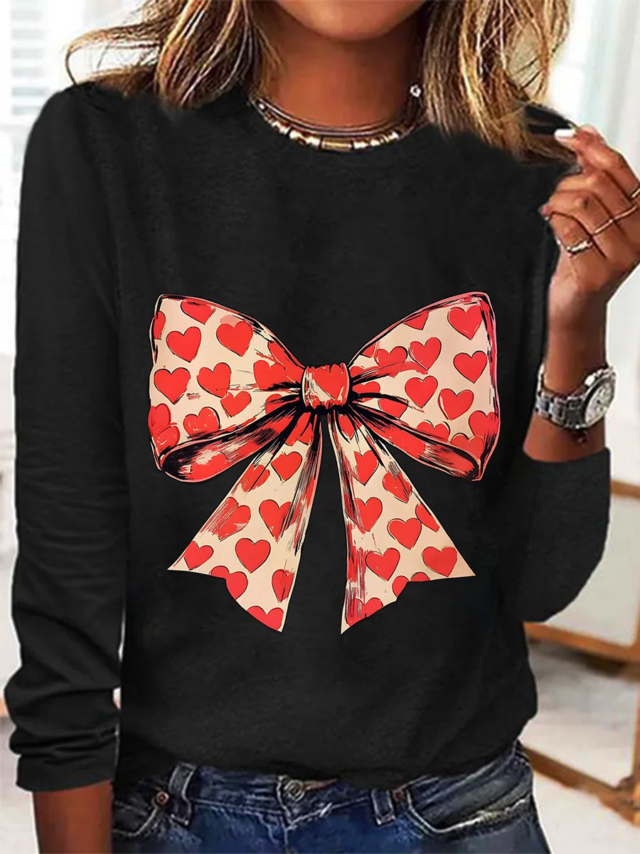 Valentine's Day Heart Coquette Bow Casual Long Sleeve Shirt