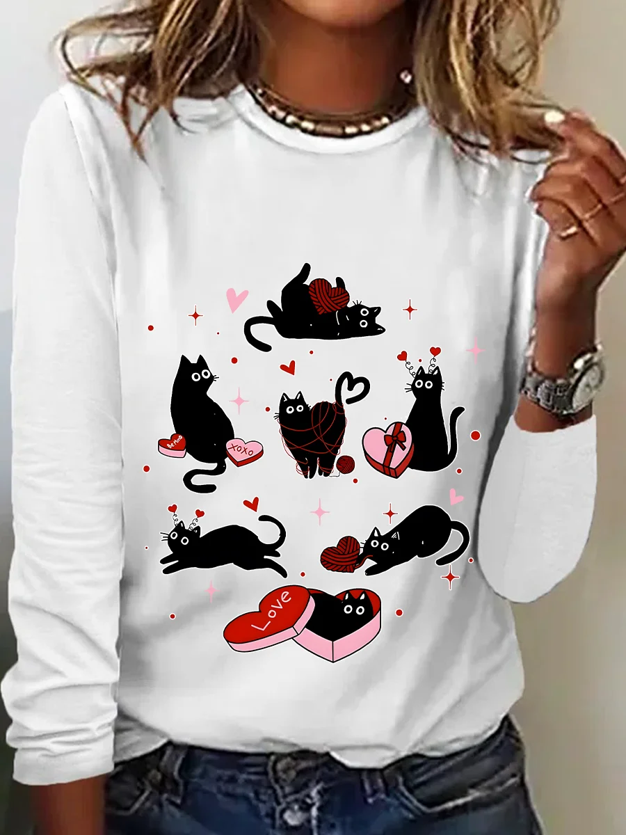 Black Cat Valentine’S Day Casual Long Sleeve Shirt