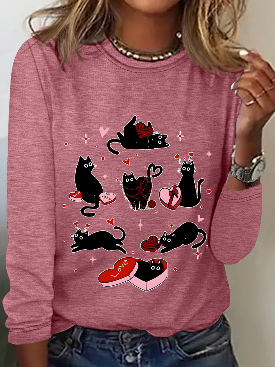 Black Cat Valentine’S Day Casual Long Sleeve Shirt