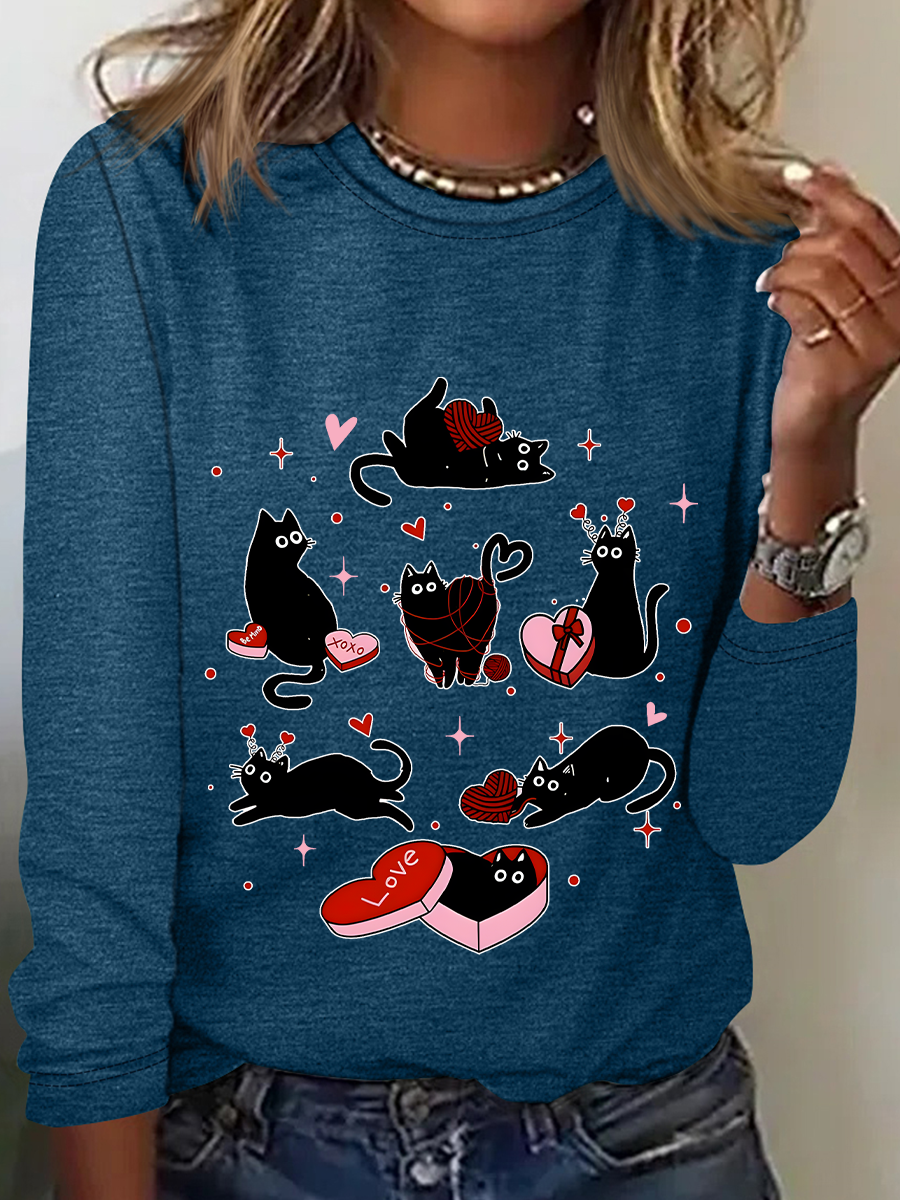 Black Cat Valentine’S Day Casual Long Sleeve Shirt