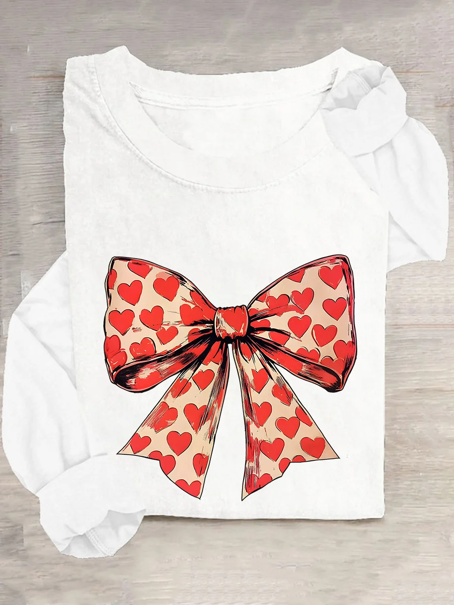 Valentine's Day Heart Coquette Bow Casual Long Sleeve Shirt