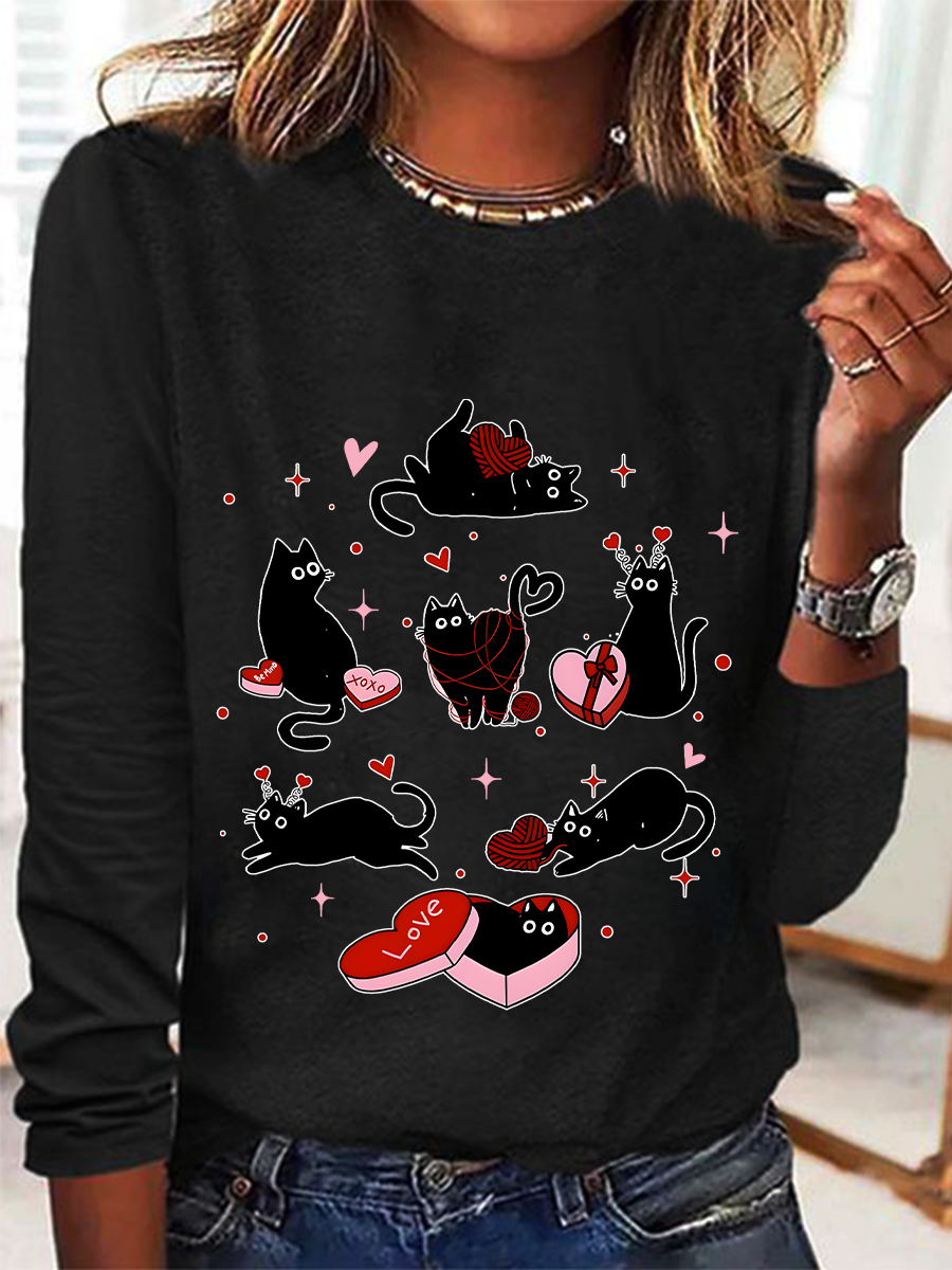 Black Cat Valentine’S Day Casual Long Sleeve Shirt