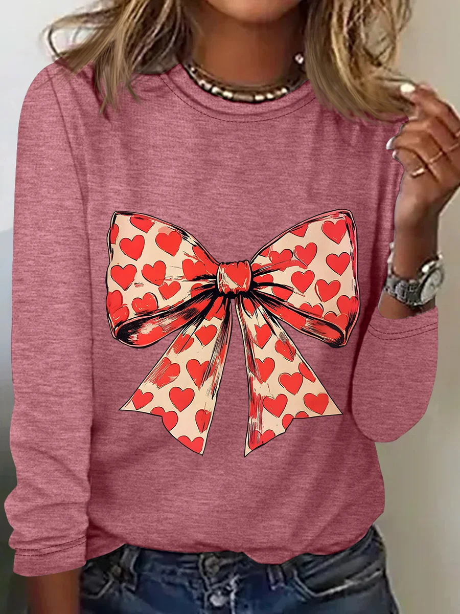 Valentine's Day Heart Coquette Bow Casual Long Sleeve Shirt