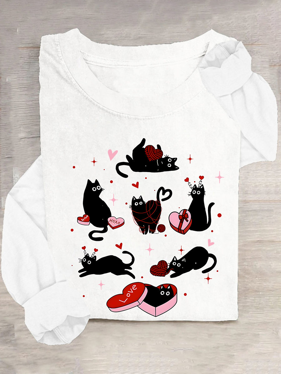 Black Cat Valentine’S Day Casual Long Sleeve Shirt