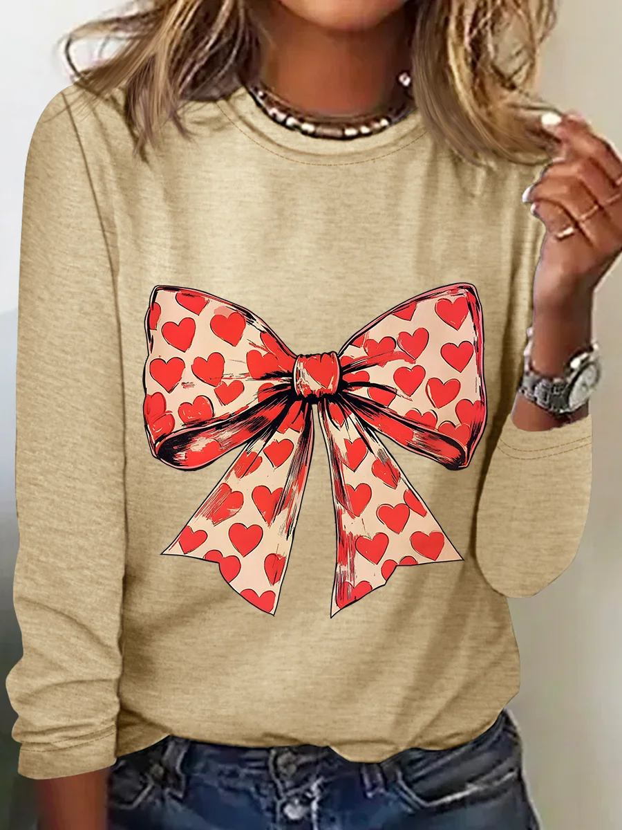 Valentine's Day Heart Coquette Bow Casual Long Sleeve Shirt