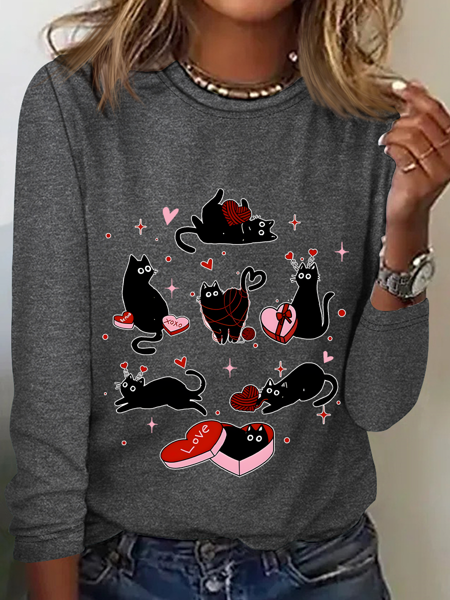 Black Cat Valentine’S Day Casual Long Sleeve Shirt