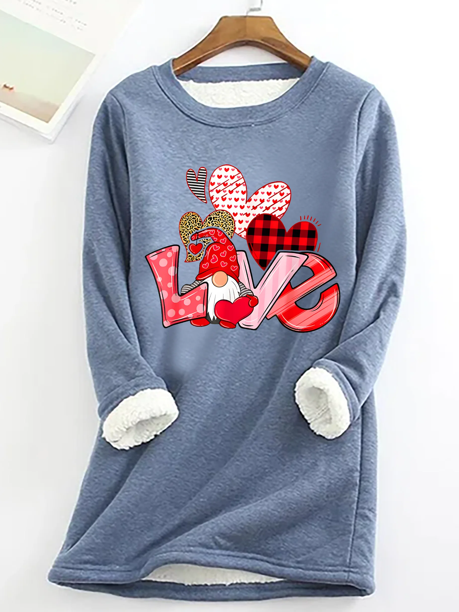 Valentine's Day Gnome Print Casual Fluff Fleece Fabric Sweatshirt