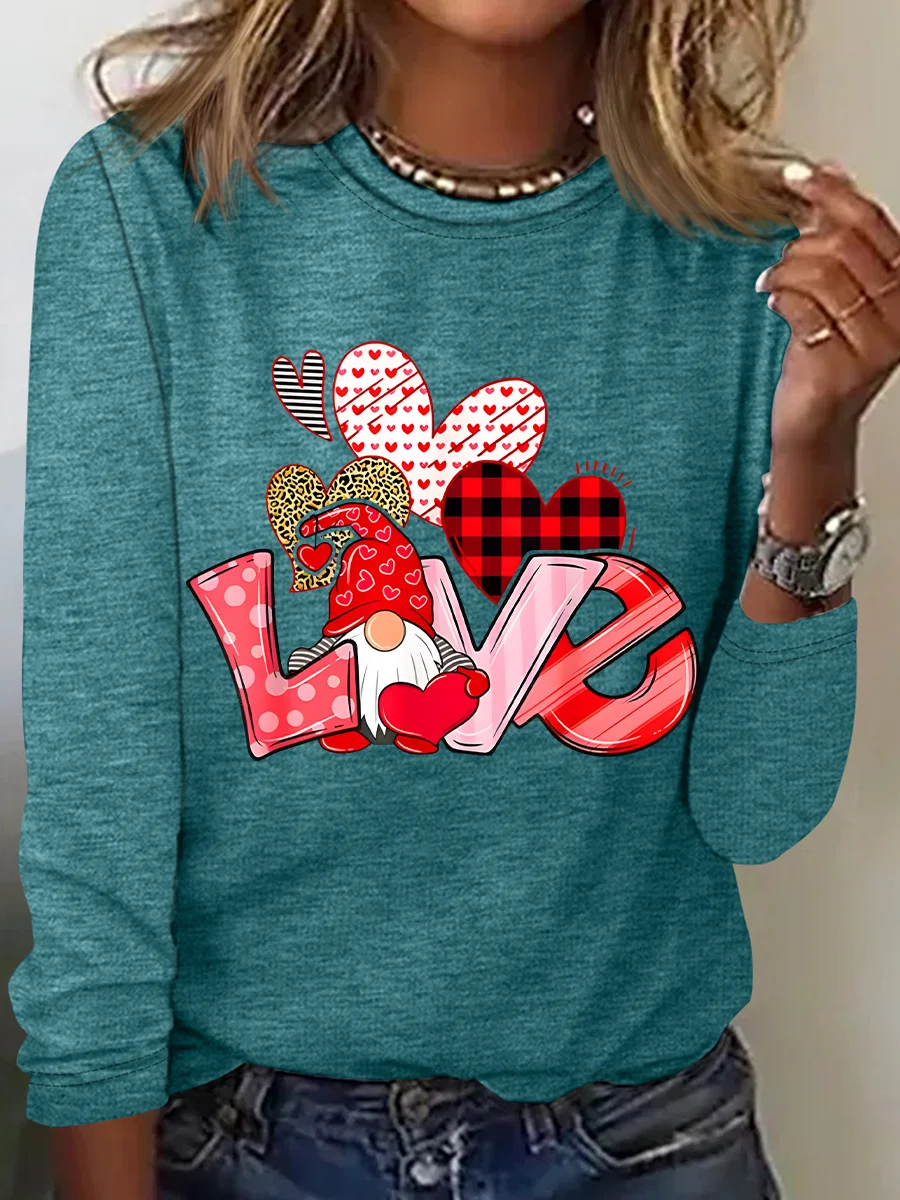 Valentine's Day Gnome Print Casual Long Sleeve Shirt