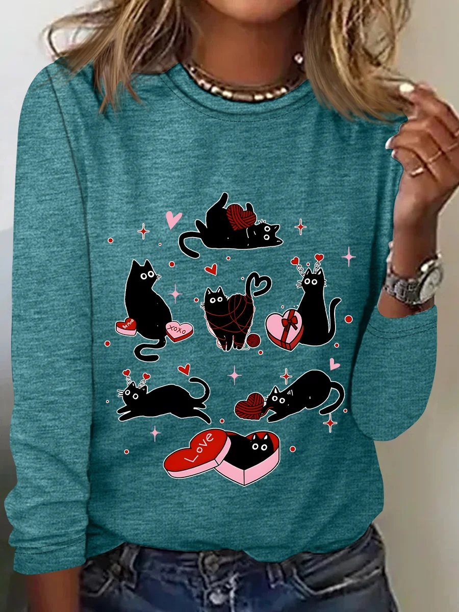 Black Cat Valentine’S Day Casual Long Sleeve Shirt