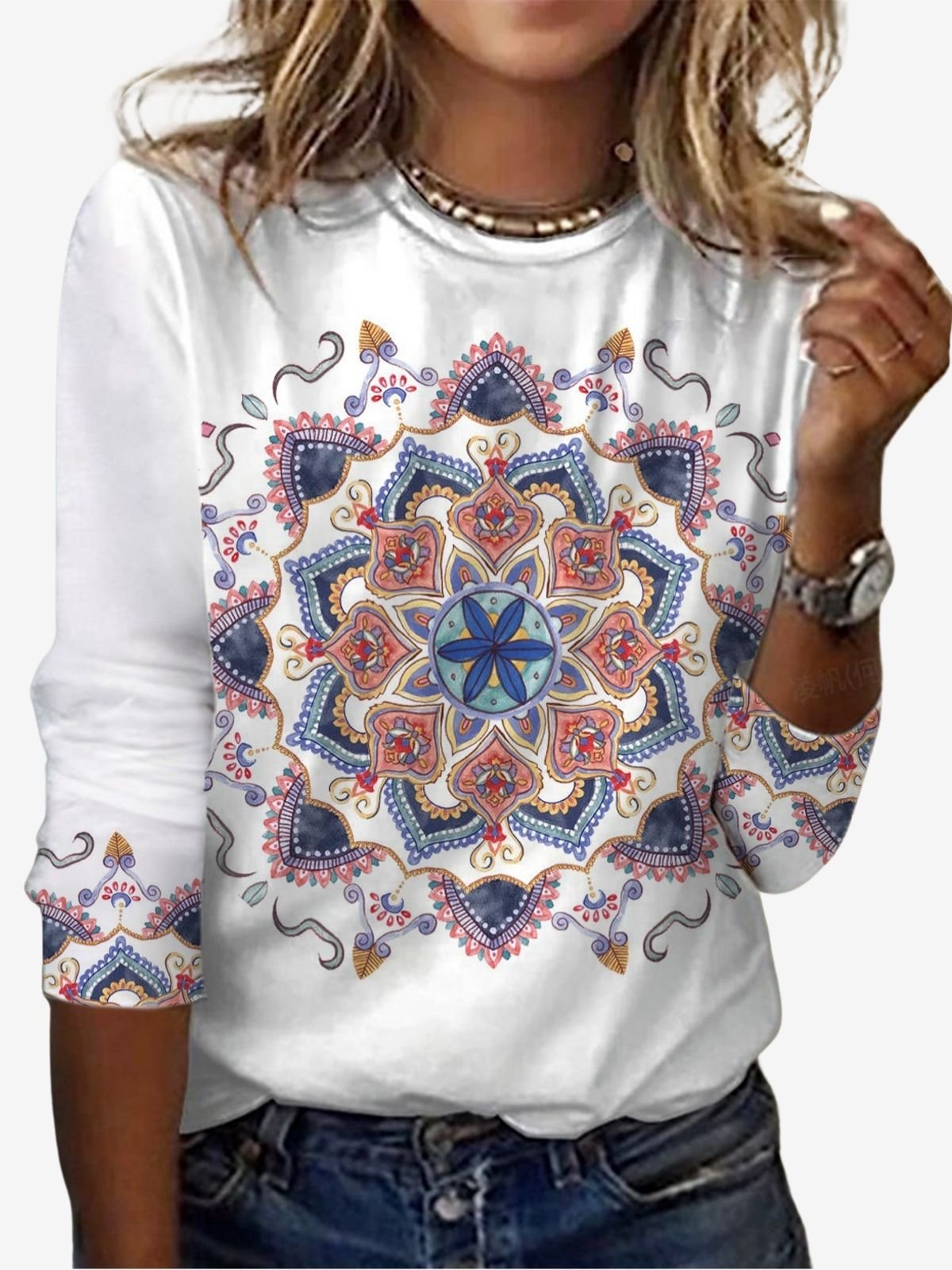 Women's Long Sleeve T-shirt Spring/Fall White Ethnic Jersey Crew Neck Daily Going Out Casual Top