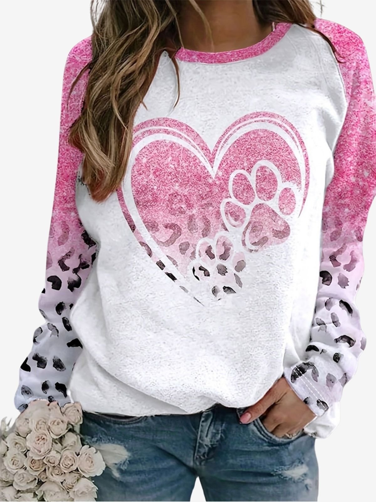 Cute Animal Paw Round Neck Casual Sweatshirt