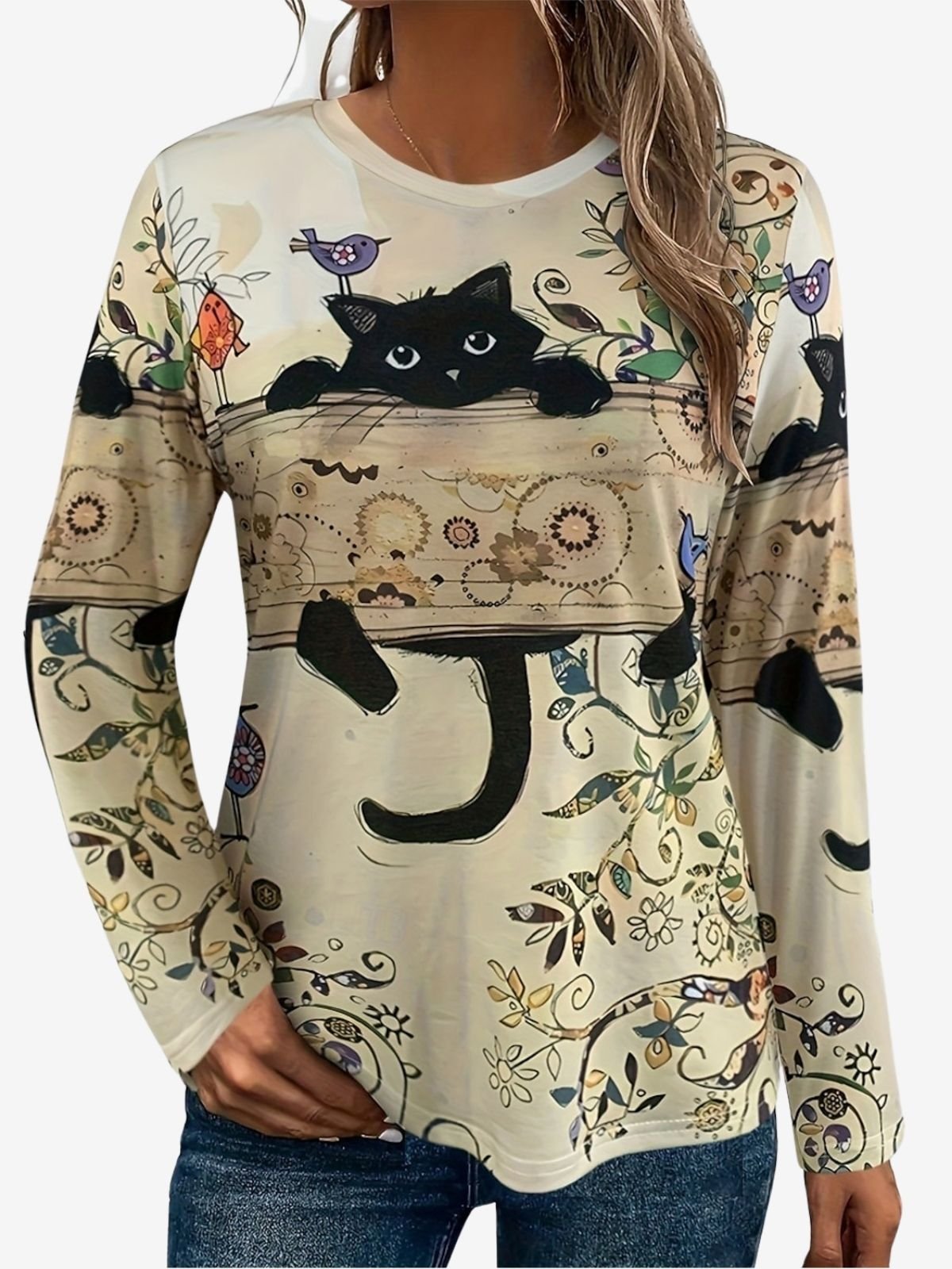 Cute Cat Design Round Neck Casual T-Shirt