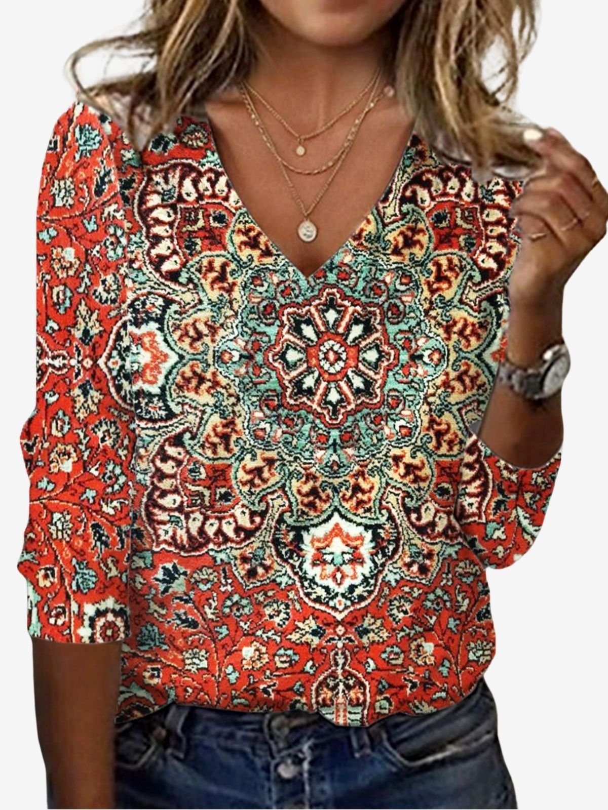 Ethnic Print Long Sleeve V-Neck T-shirt