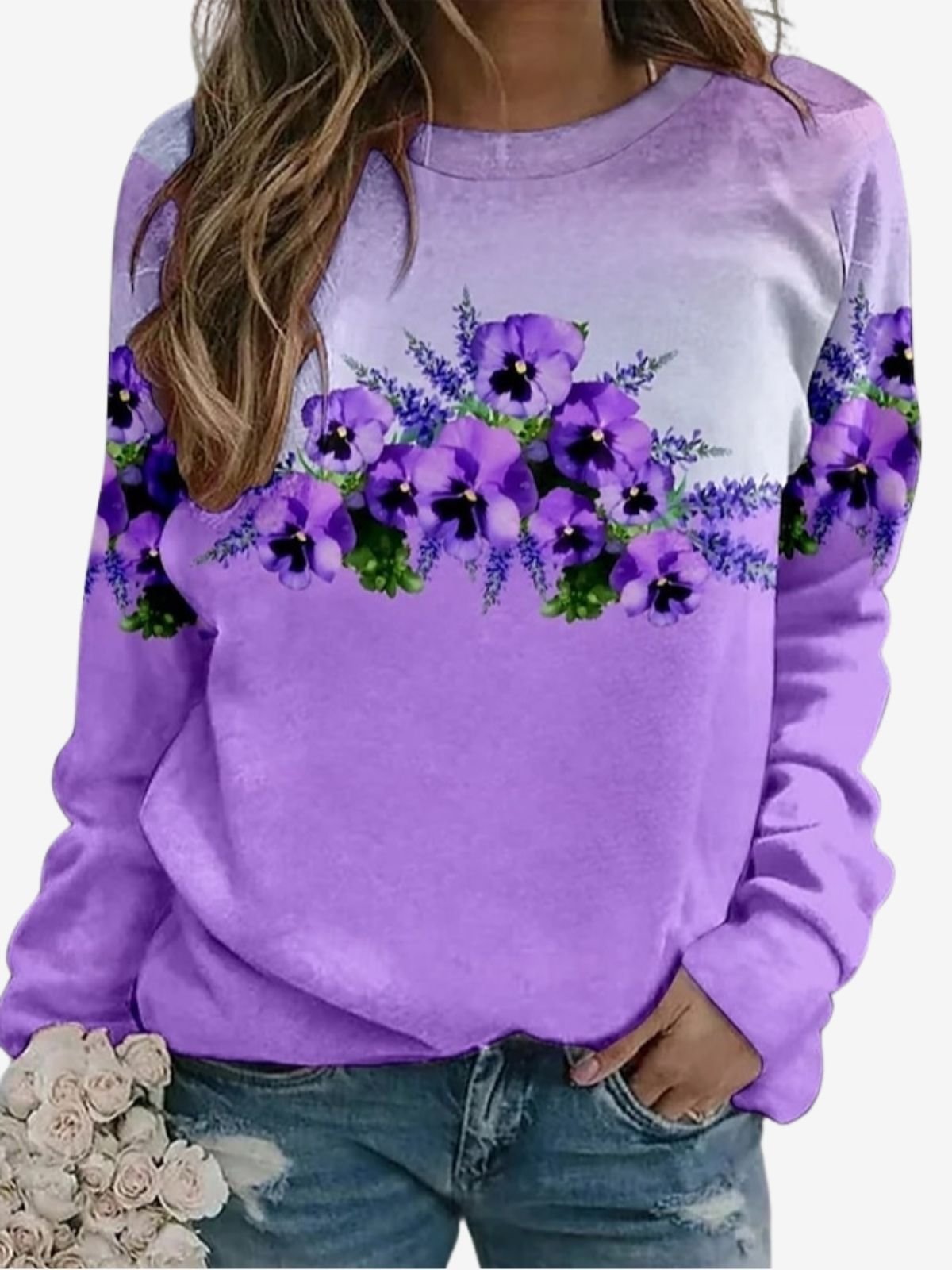 Floral Print Long Sleeve Crew Neck Sweatshirt