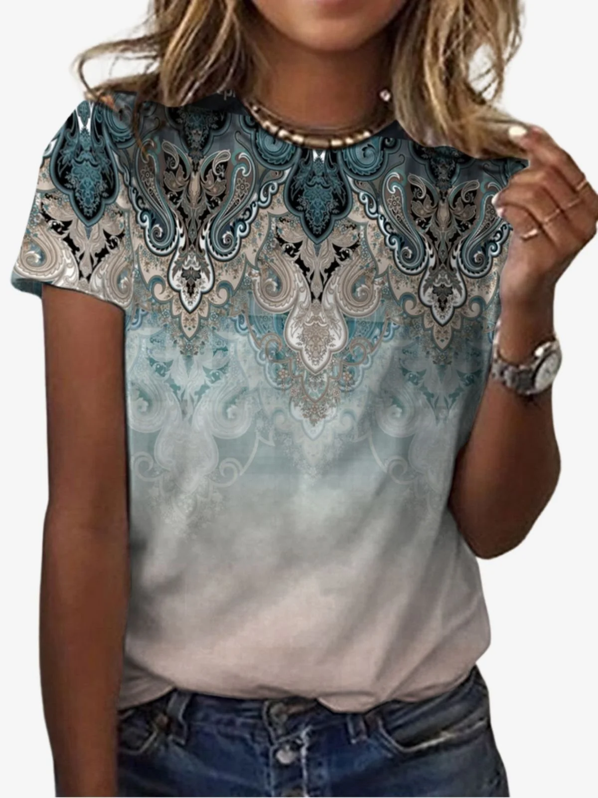 Ethnic Print Short-Sleeved Crew Neck T-shirt