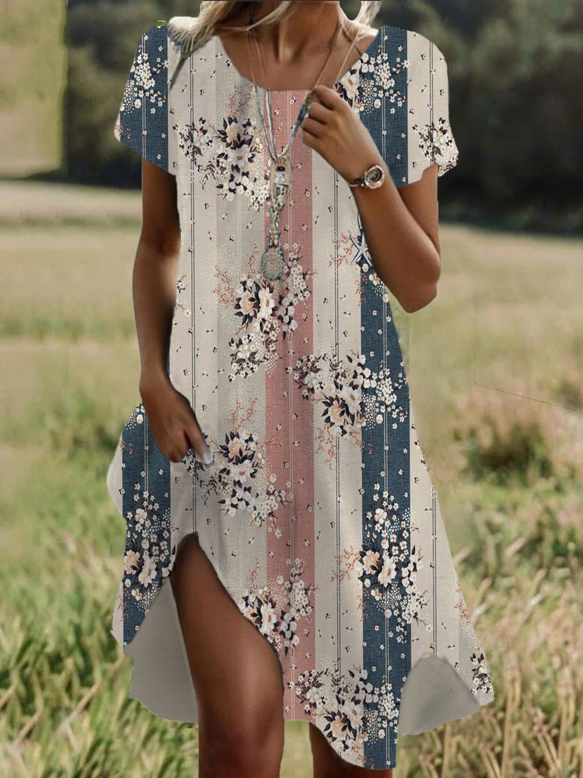 Floral Print Short Sleeve Crew Neck Dress