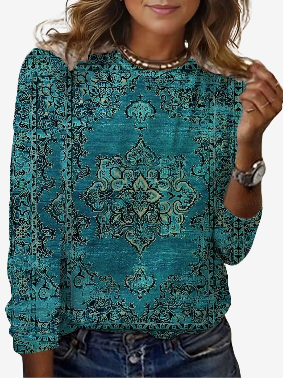 Ethnic Print Long Sleeve Crew Neck T-shirt