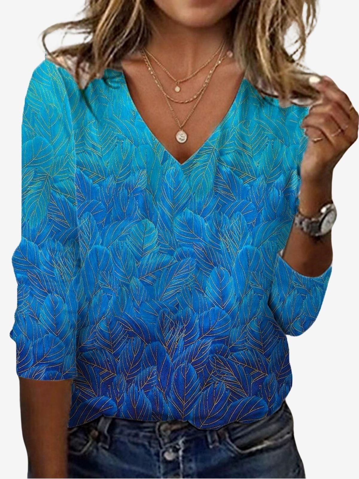 Leaf Print Long Sleeve V-Neck T-shirt