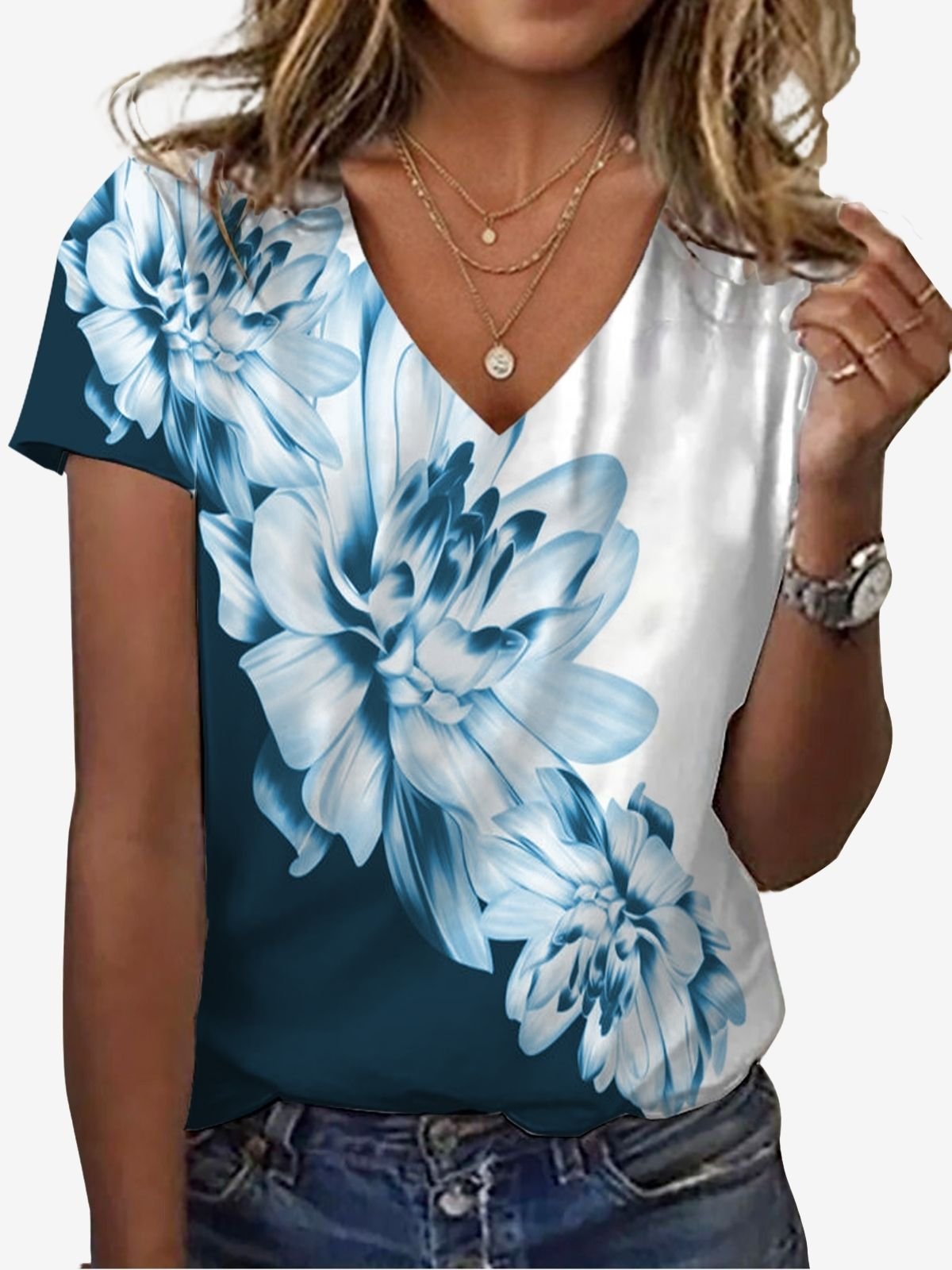 Floral Print Short Sleeve V-Neck T-shirt