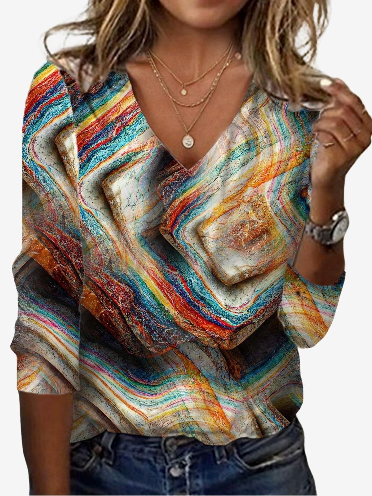 Abstract Print Long Sleeve V-Neck T-shirt