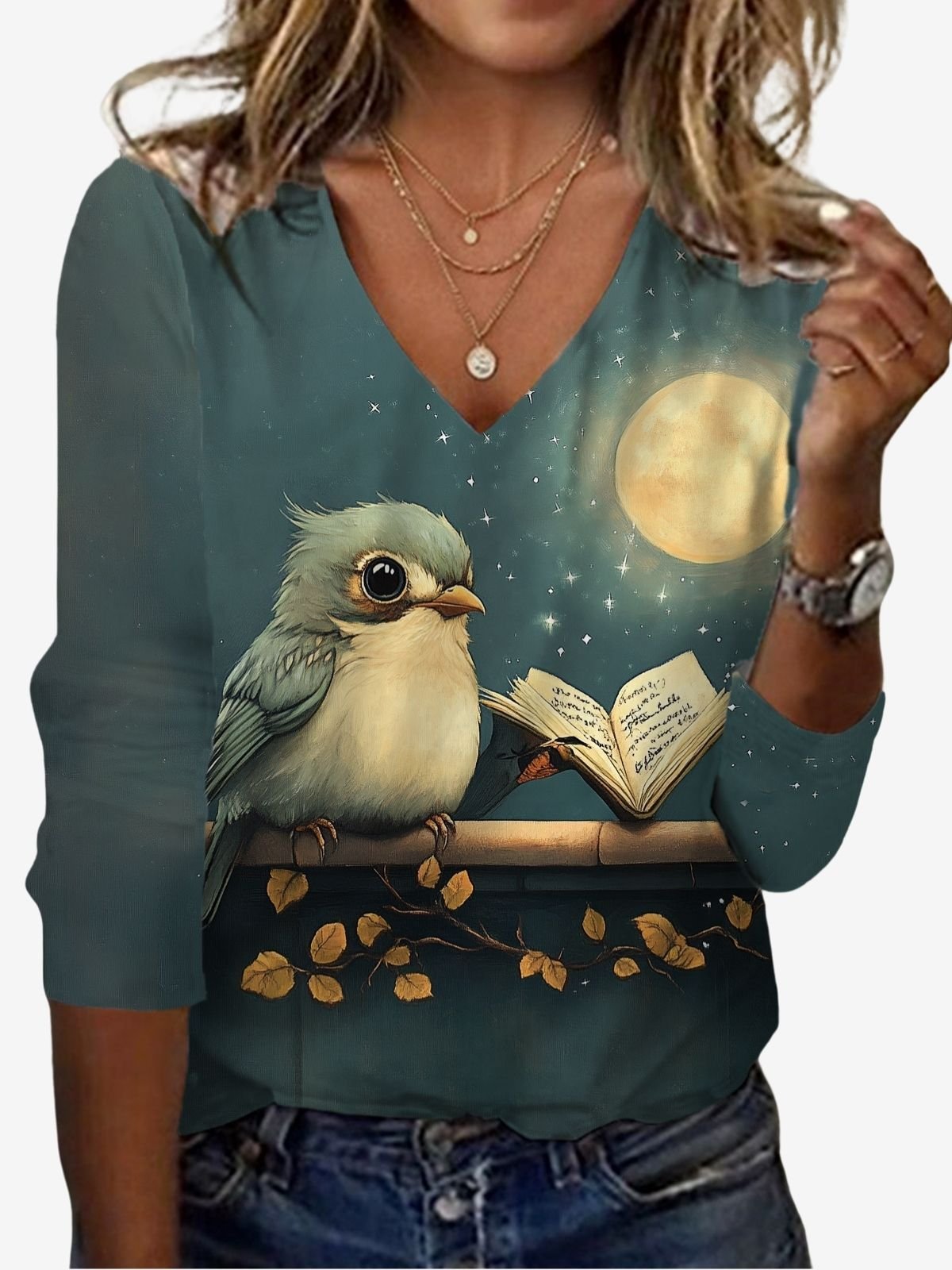 Bird Print Long Sleeve V-Neck T-shirt