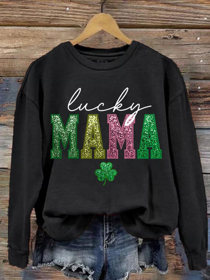 St. Patrick's Day Lucky MaMa Print Casual Crew Neck Sweatshirt