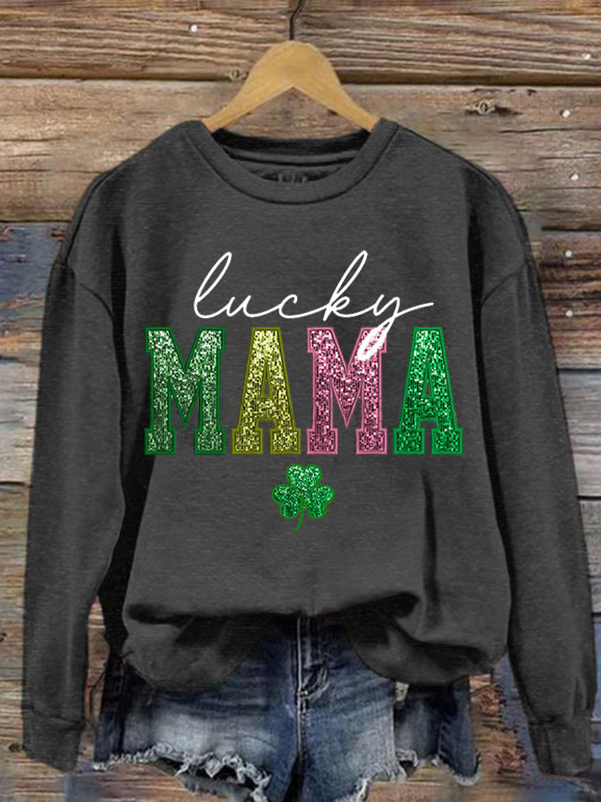 St. Patrick's Day Lucky MaMa Print Casual Crew Neck Sweatshirt