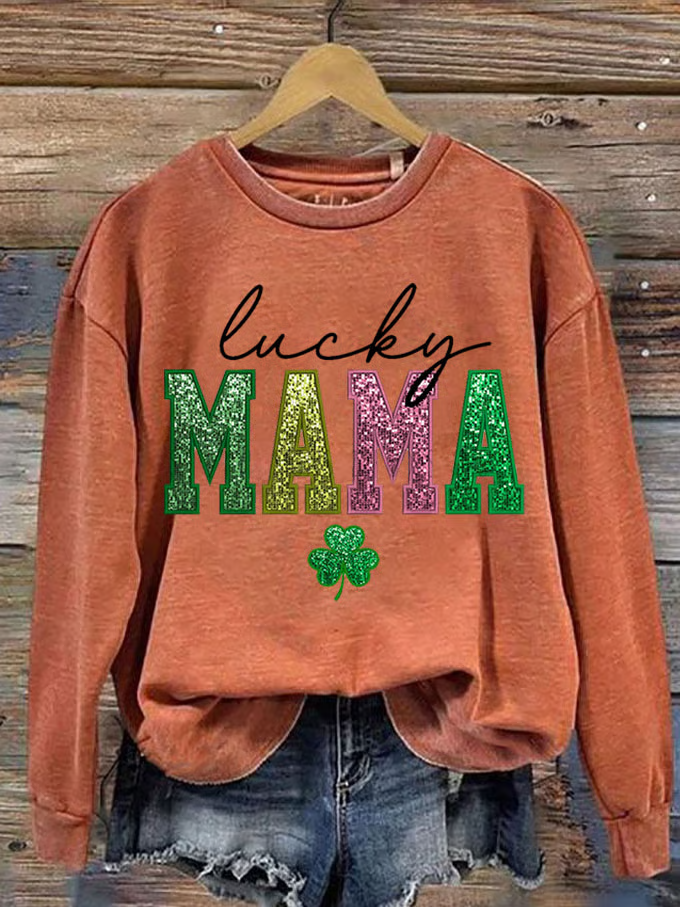 St. Patrick's Day Lucky MaMa Print Casual Crew Neck Sweatshirt