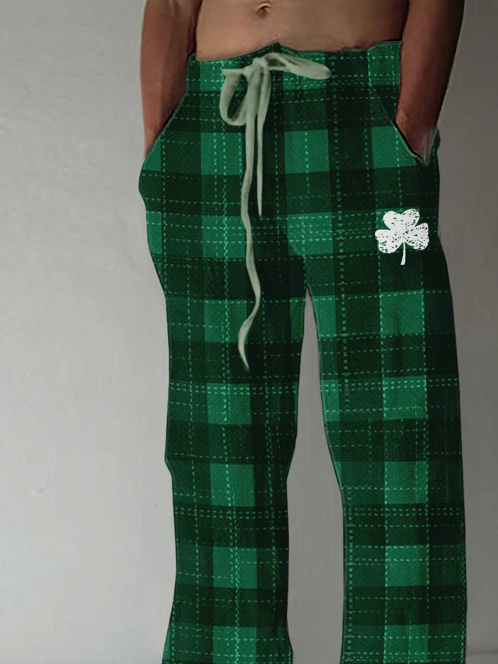 St. Patrick's Day Shamrock Check Print Cotton And Linen Blend Lounge Pants