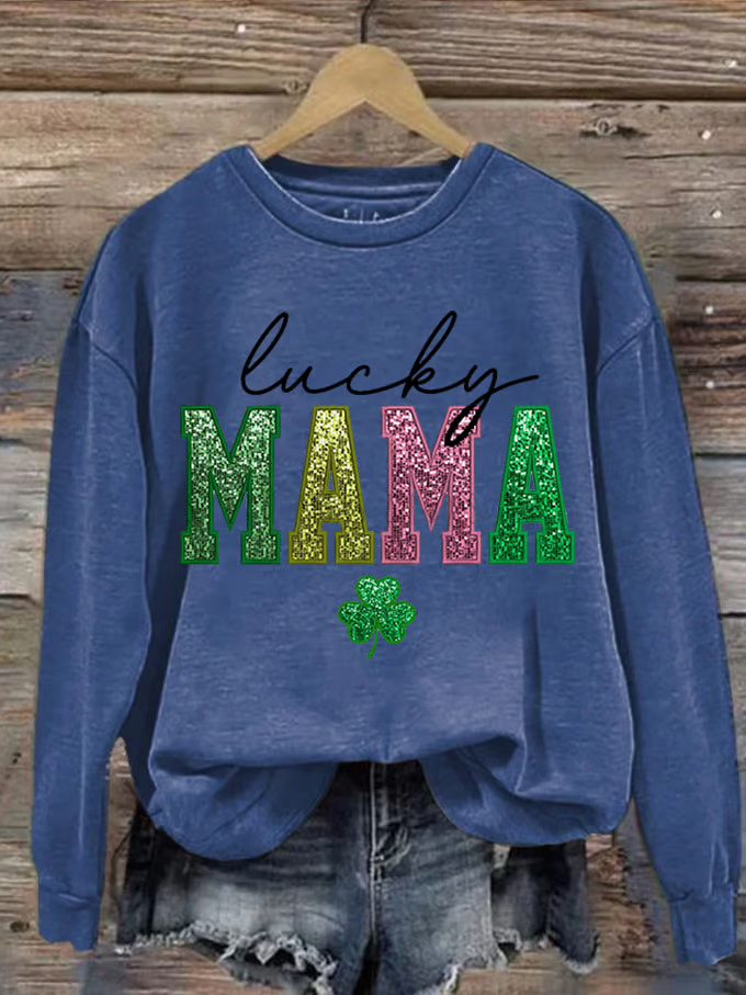 St. Patrick's Day Lucky MaMa Print Casual Crew Neck Sweatshirt