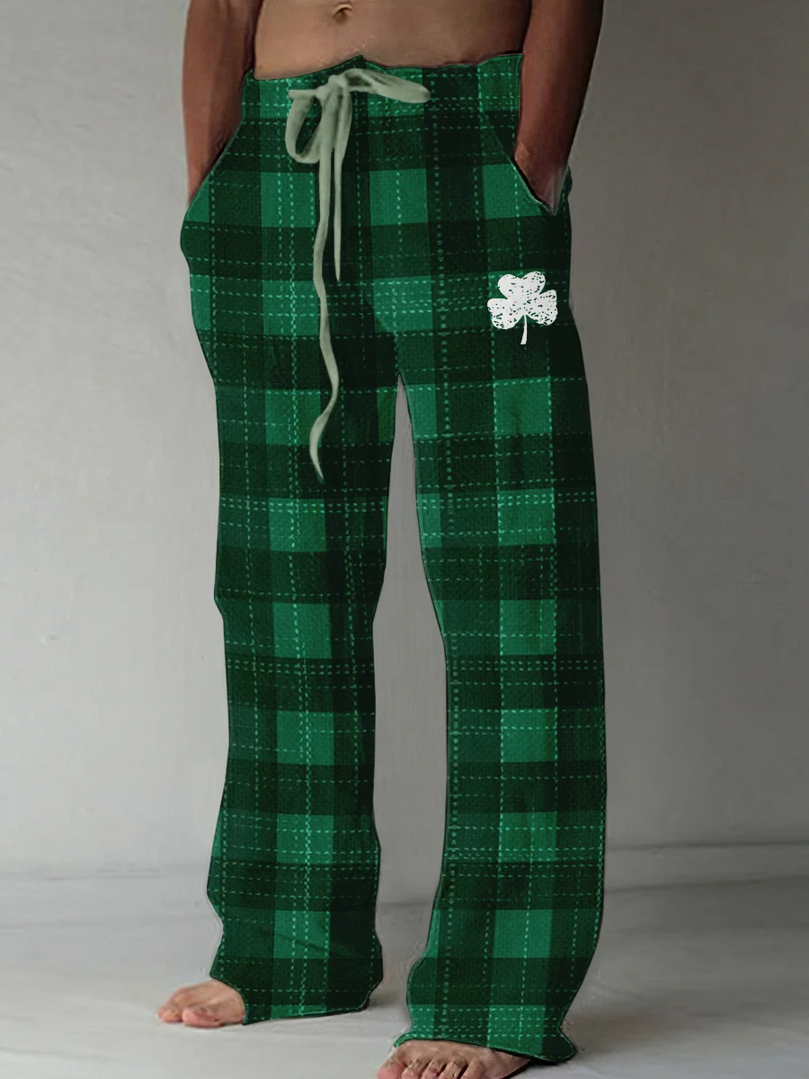 St. Patrick's Day Shamrock Check Print Cotton And Linen Blend Lounge Pants