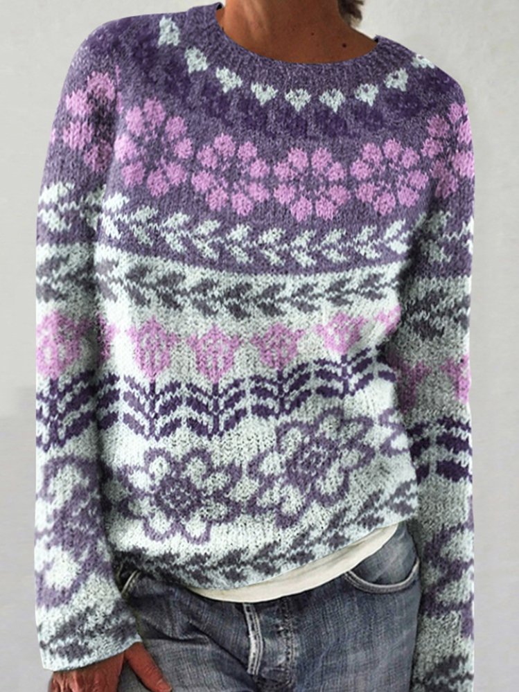 Flower patterned Icelandic round neck knitted sweater