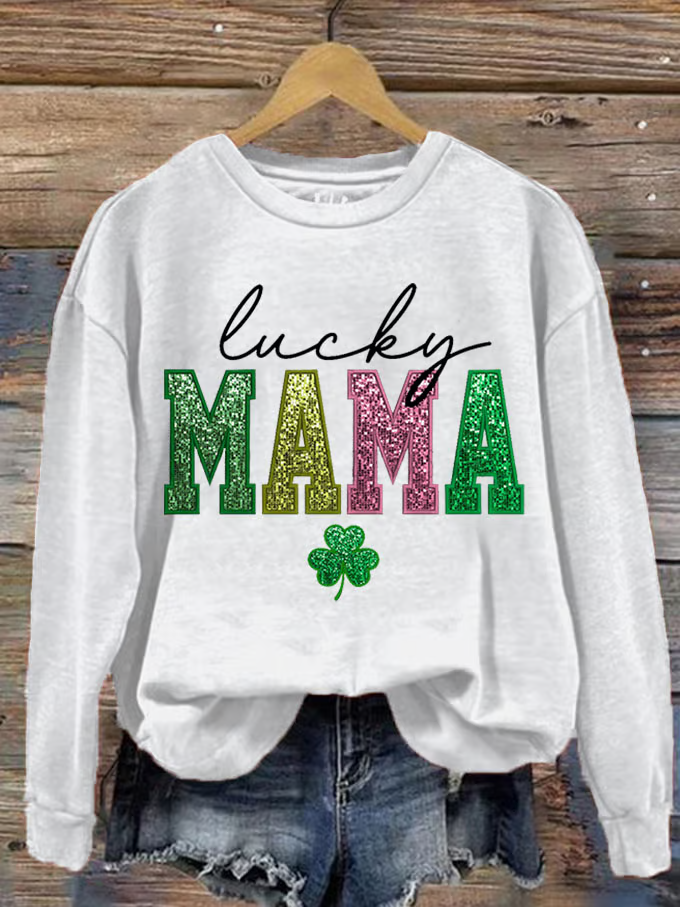 St. Patrick's Day Lucky MaMa Print Casual Crew Neck Sweatshirt