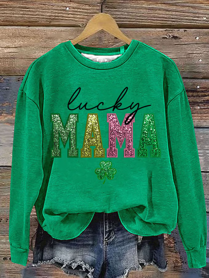 St. Patrick's Day Lucky MaMa Print Casual Crew Neck Sweatshirt