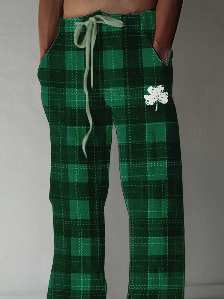 St. Patrick's Day Shamrock Check Print Cotton And Linen Blend Lounge Pants