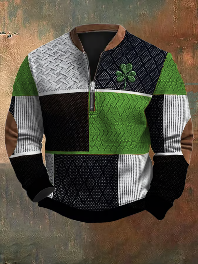 Men's St. Patrick's Day Textured Print Zip Collar Sweatshirt