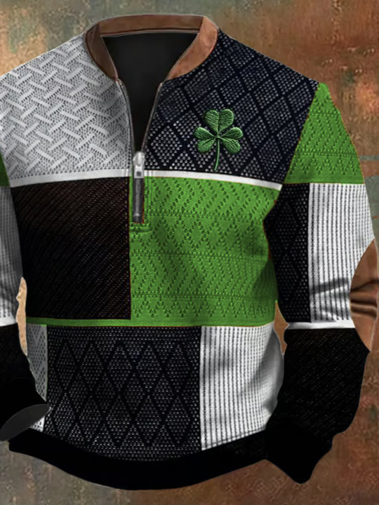 Men's St. Patrick's Day Textured Print Zip Collar Sweatshirt