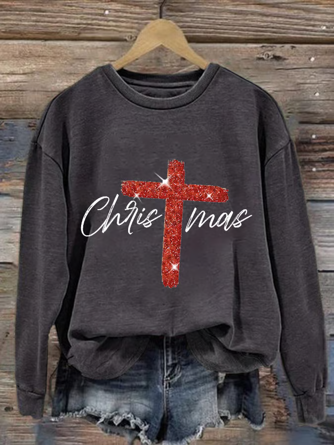 Retro Christmas Faith Cross Print Sweatshirt