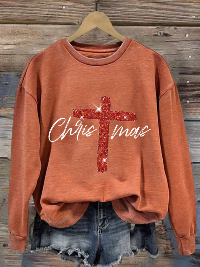 Retro Christmas Faith Cross Print Sweatshirt