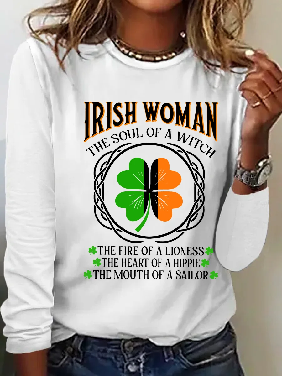 Irish Woman Fire Of A Lioness Heart Of A Hippie - Funny St Patrick's Day Casual Long Sleeve Shirt