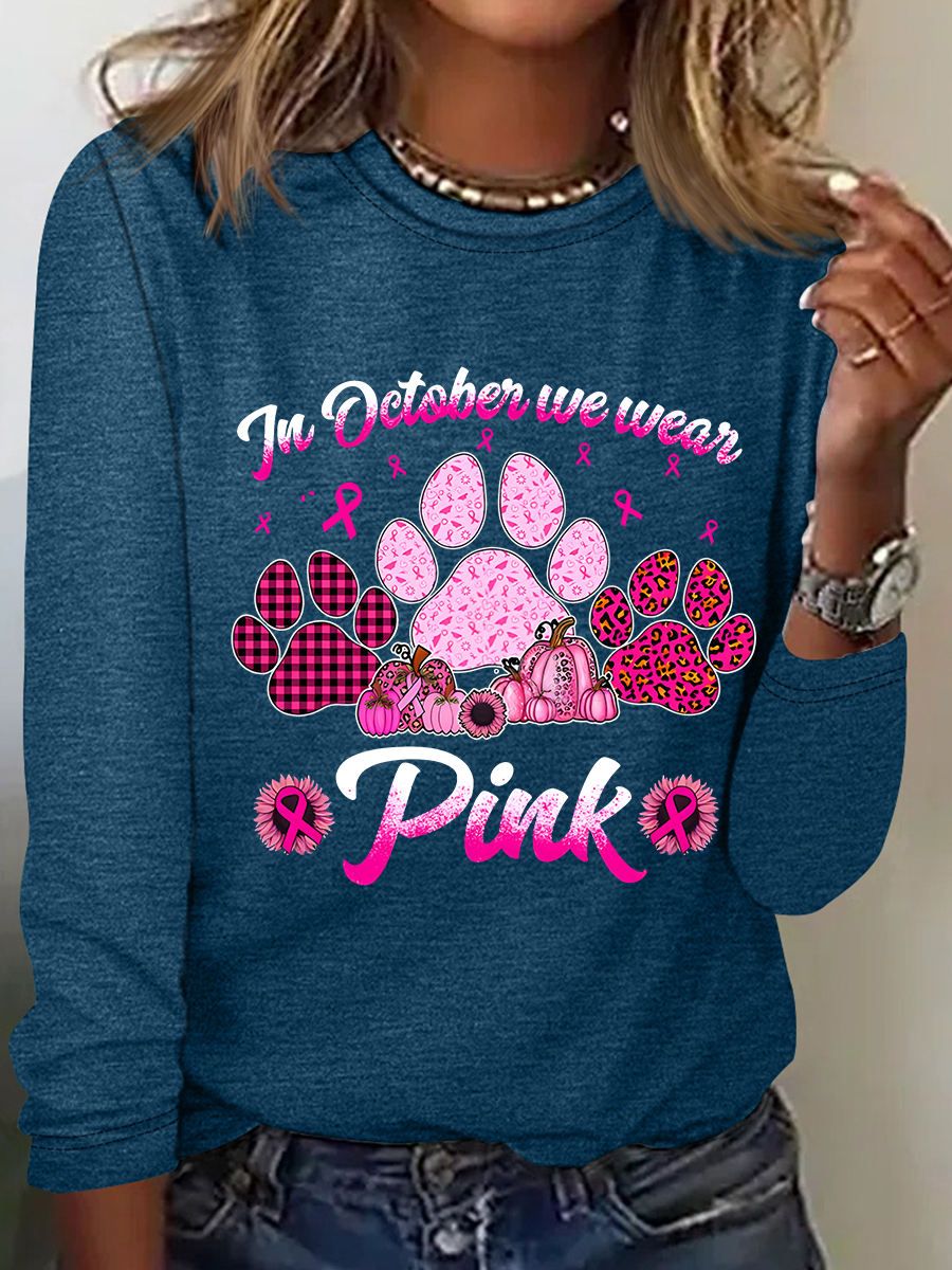 Breast Cancer Awareness Dog Paw Print Casual Long Sleeve Shirt