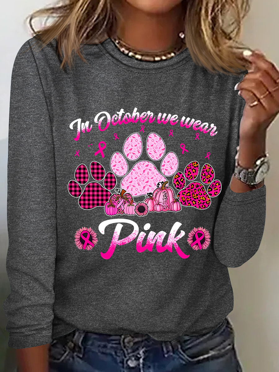 Breast Cancer Awareness Dog Paw Print Casual Long Sleeve Shirt