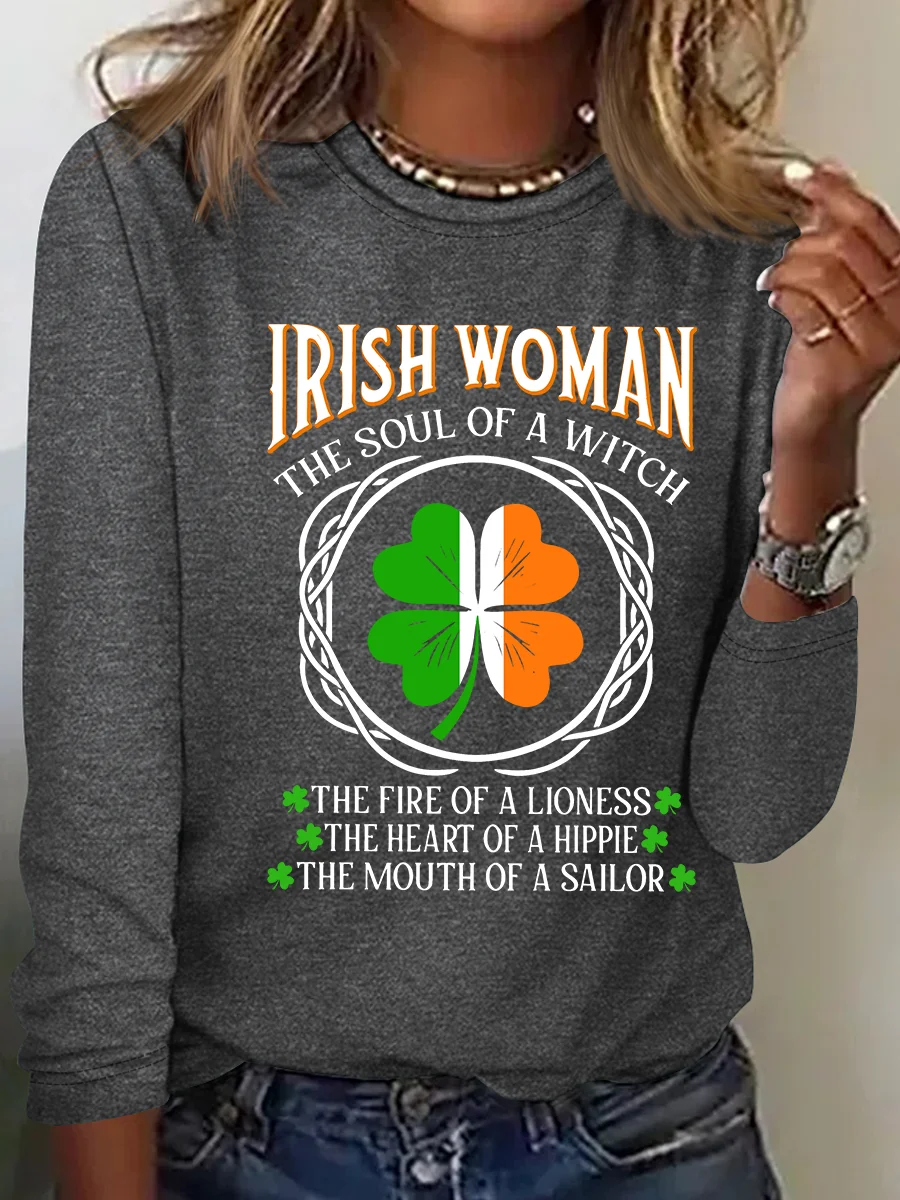 Irish Woman Fire Of A Lioness Heart Of A Hippie - Funny St Patrick's Day Casual Long Sleeve Shirt