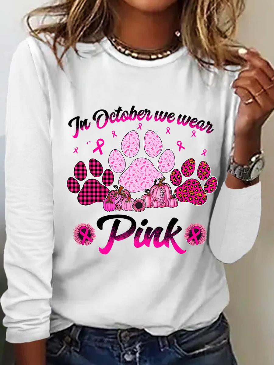 Breast Cancer Awareness Dog Paw Print Casual Long Sleeve Shirt