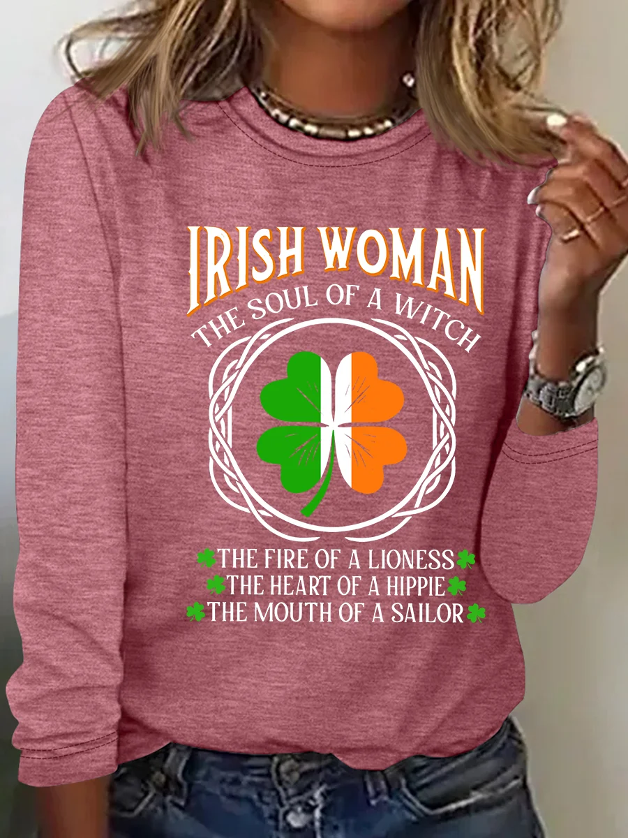 Irish Woman Fire Of A Lioness Heart Of A Hippie - Funny St Patrick's Day Casual Long Sleeve Shirt