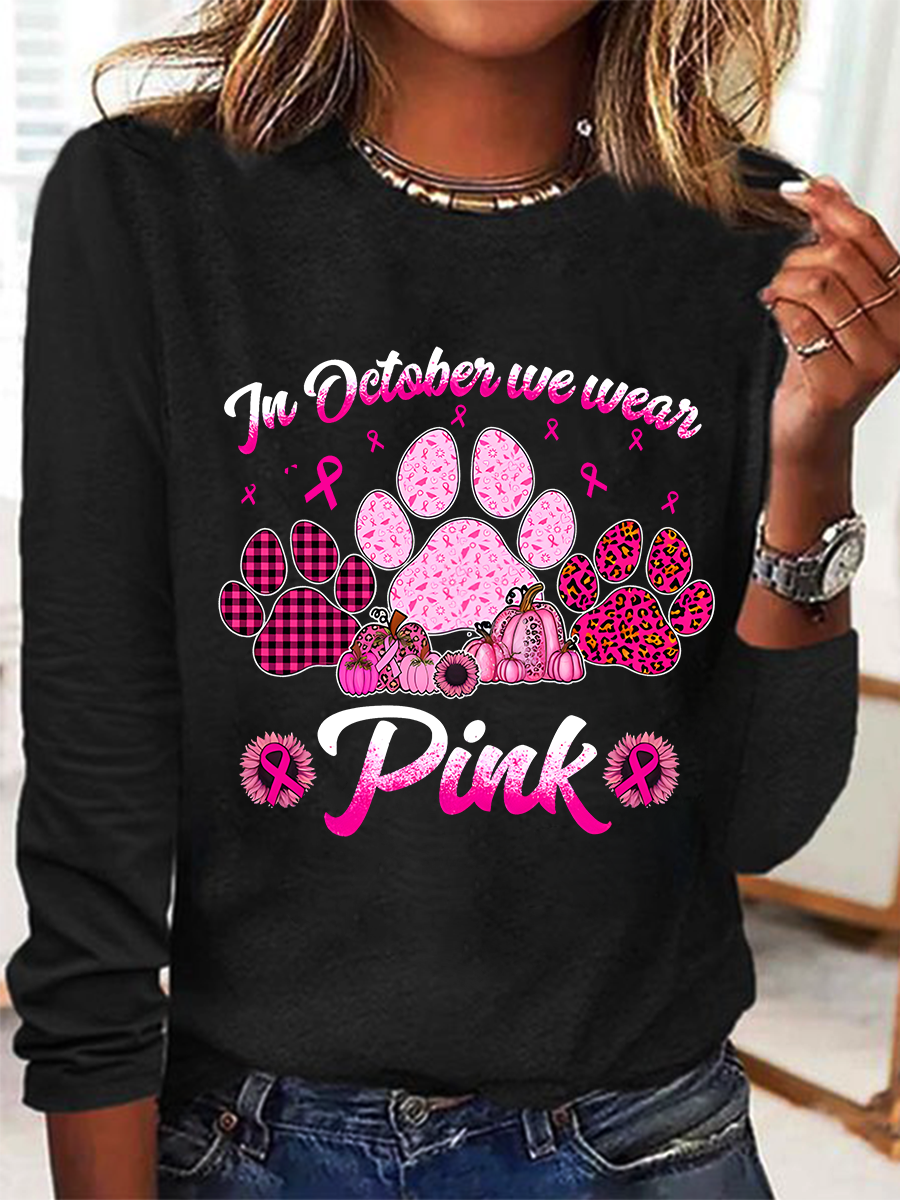 Breast Cancer Awareness Dog Paw Print Casual Long Sleeve Shirt