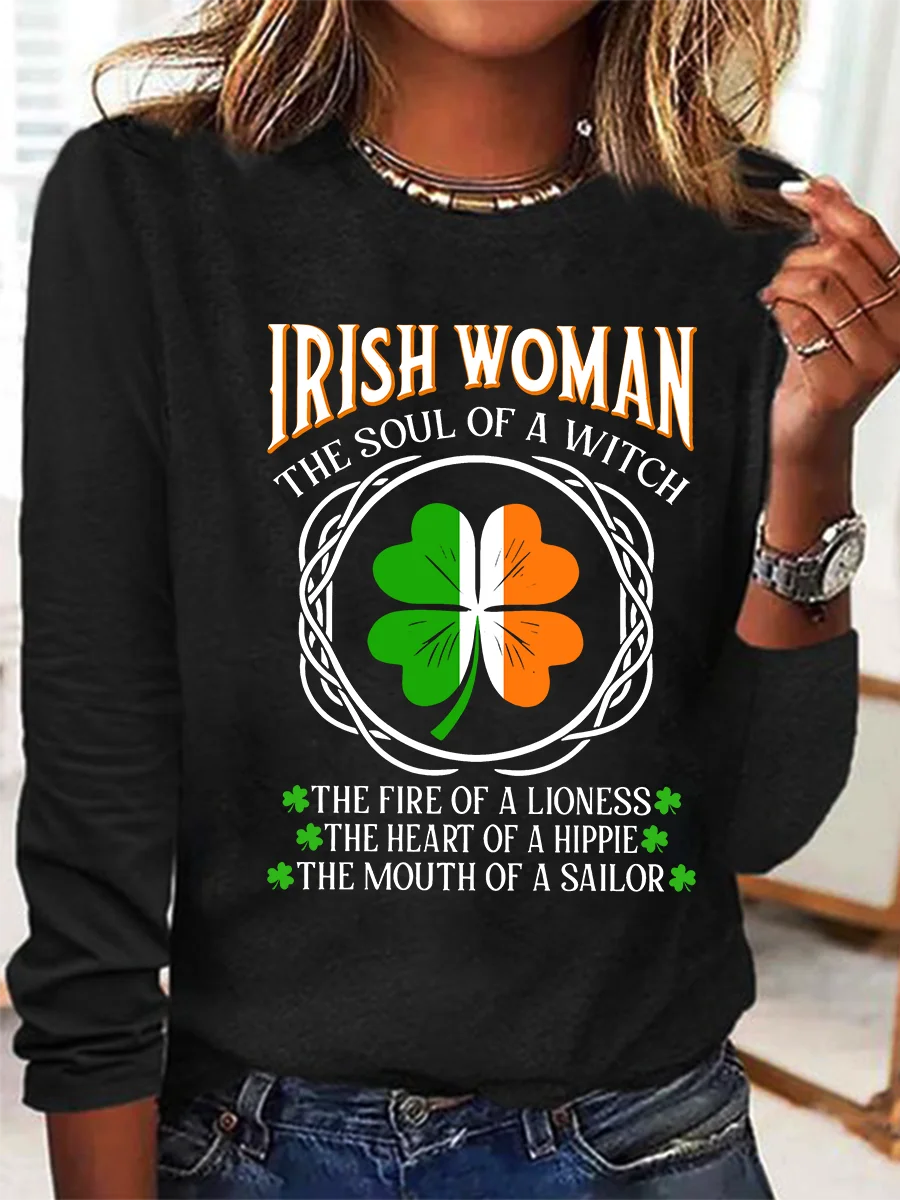 Irish Woman Fire Of A Lioness Heart Of A Hippie - Funny St Patrick's Day Casual Long Sleeve Shirt