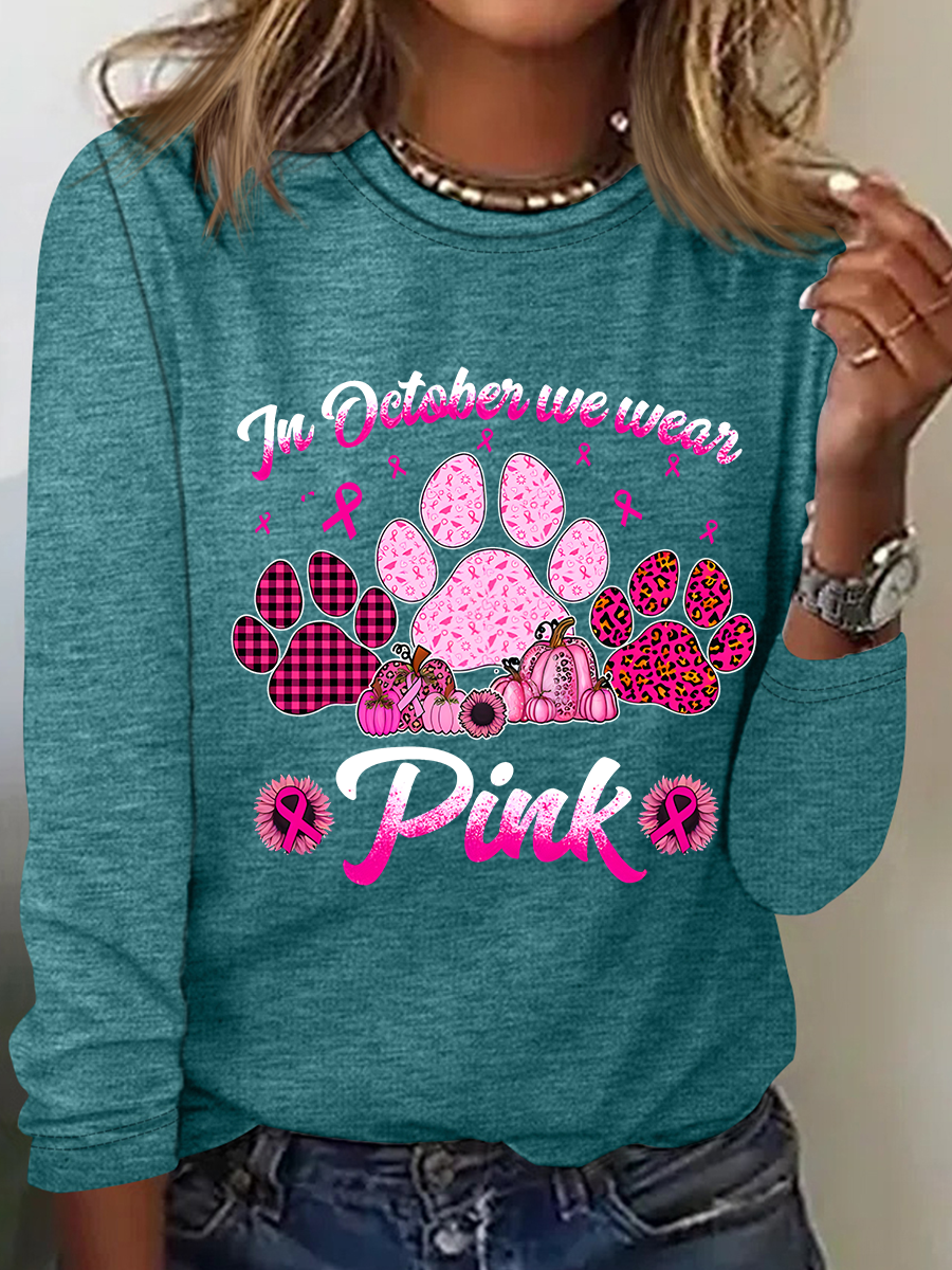 Breast Cancer Awareness Dog Paw Print Casual Long Sleeve Shirt