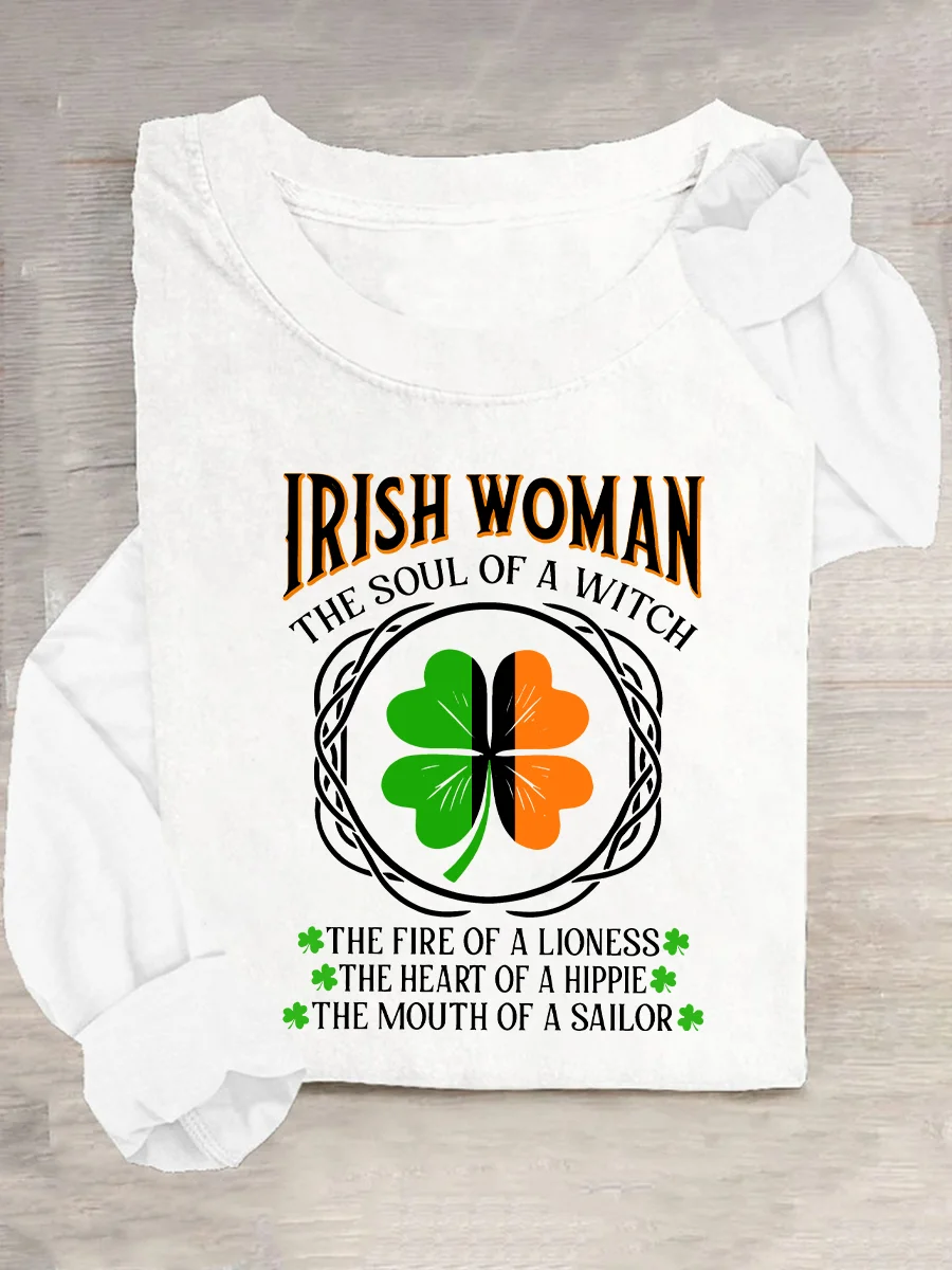 Irish Woman Fire Of A Lioness Heart Of A Hippie - Funny St Patrick's Day Casual Long Sleeve Shirt